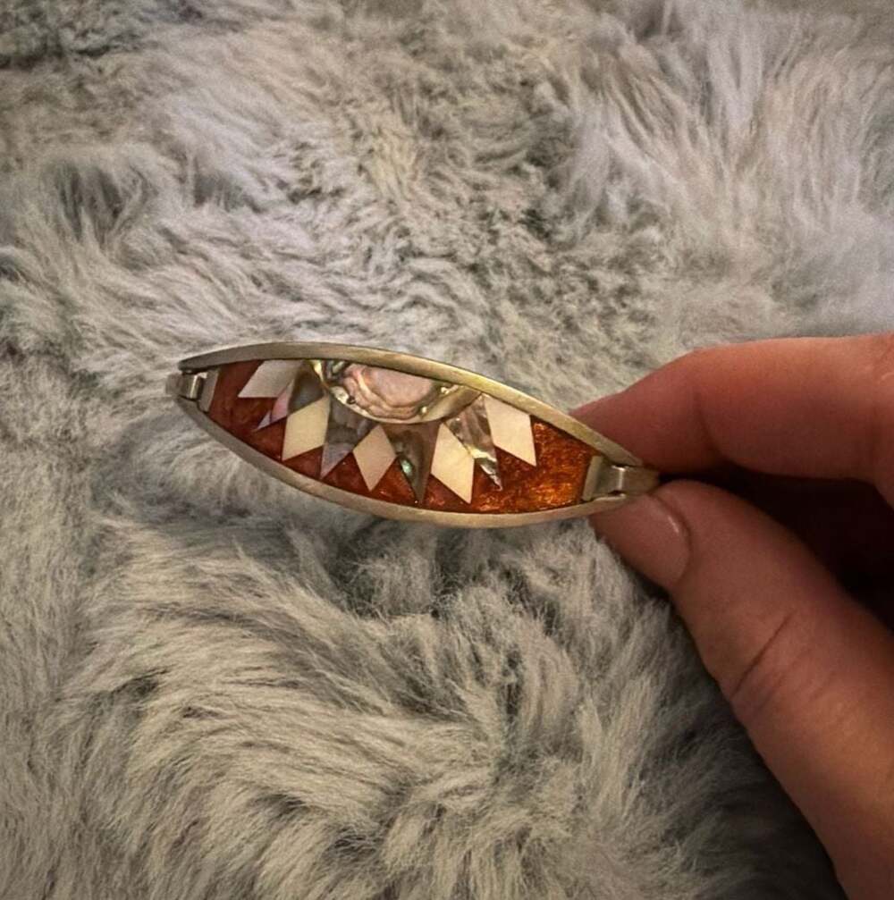 Vintage Alpaca Mexico Sunburst Inlay Bangle Bracelet with Abalone and Shell